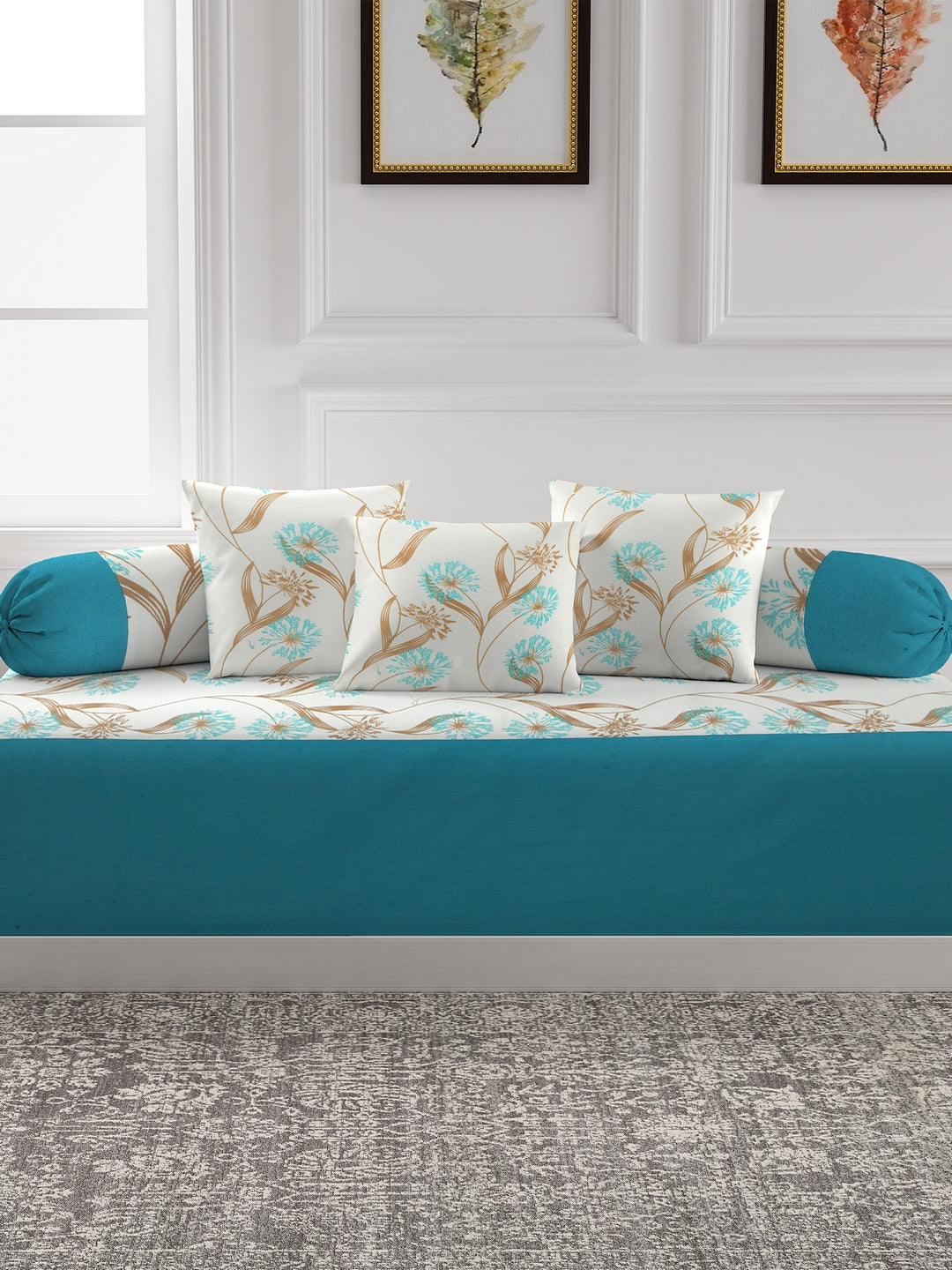 Mix n Match Premium Cotton Floral Design Blue Color Diwan set, Diwan