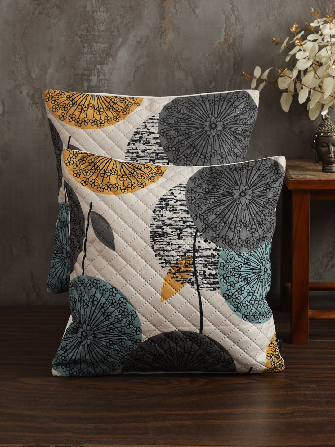 Soumya Beige Grey Pieces Floral Printed Quilted Square Velvet Cushion Covers