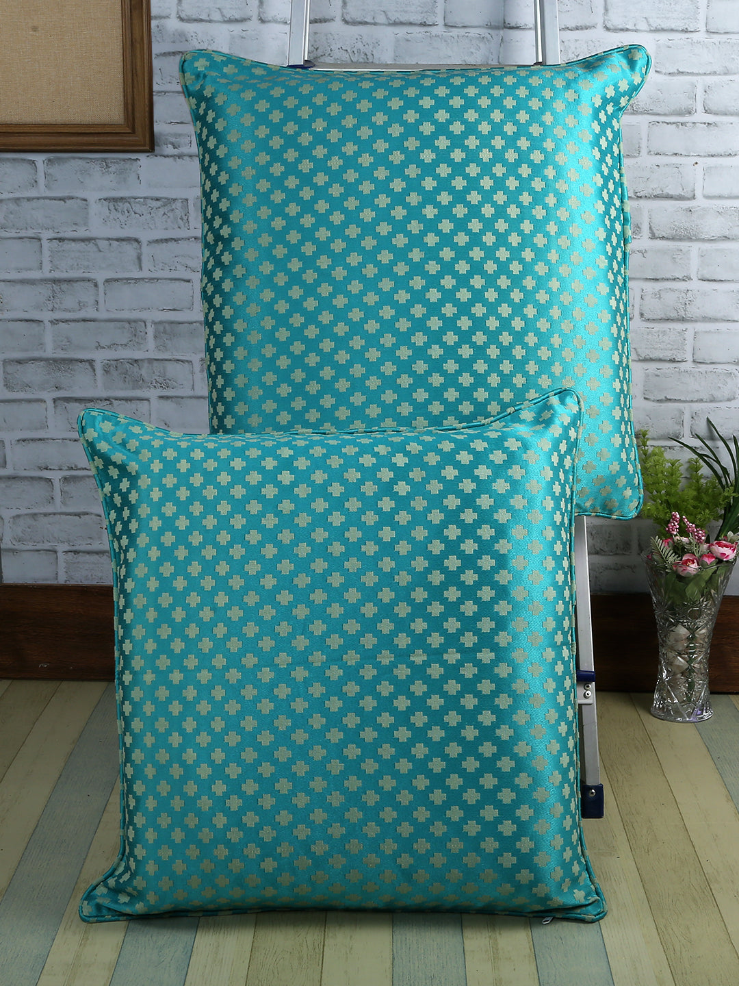 Cotton Satin Self Turquoise Cushion Cover Set,2 pc Soumya Furnishing