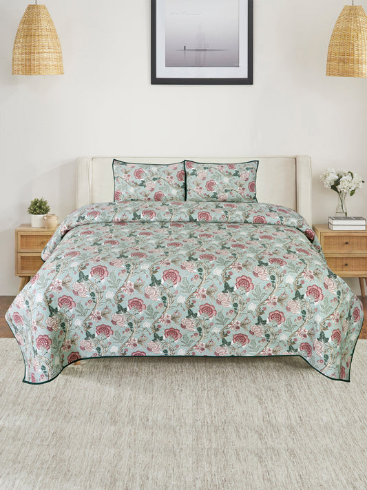 Premium Green Color Printed Reversible 250 to 349 TC Quilted Double King Bed Cover Set - 3Pcs