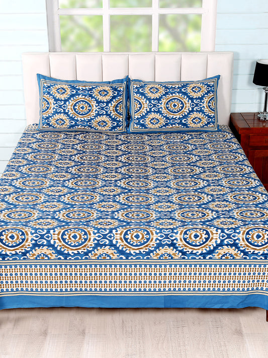 Soumya Blue Cotton Double Bedsheet Euro Ethnic Print