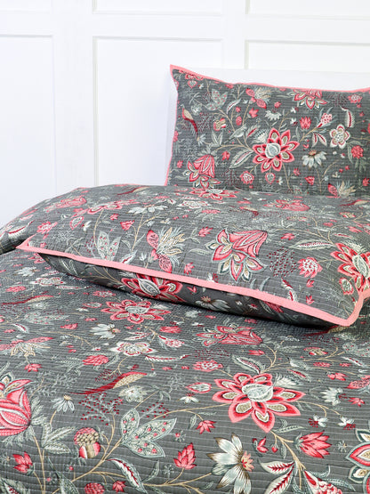 Premium Red Color Floral Printed Reversible Quilted Double King Bed Cover Set - 3Pcs