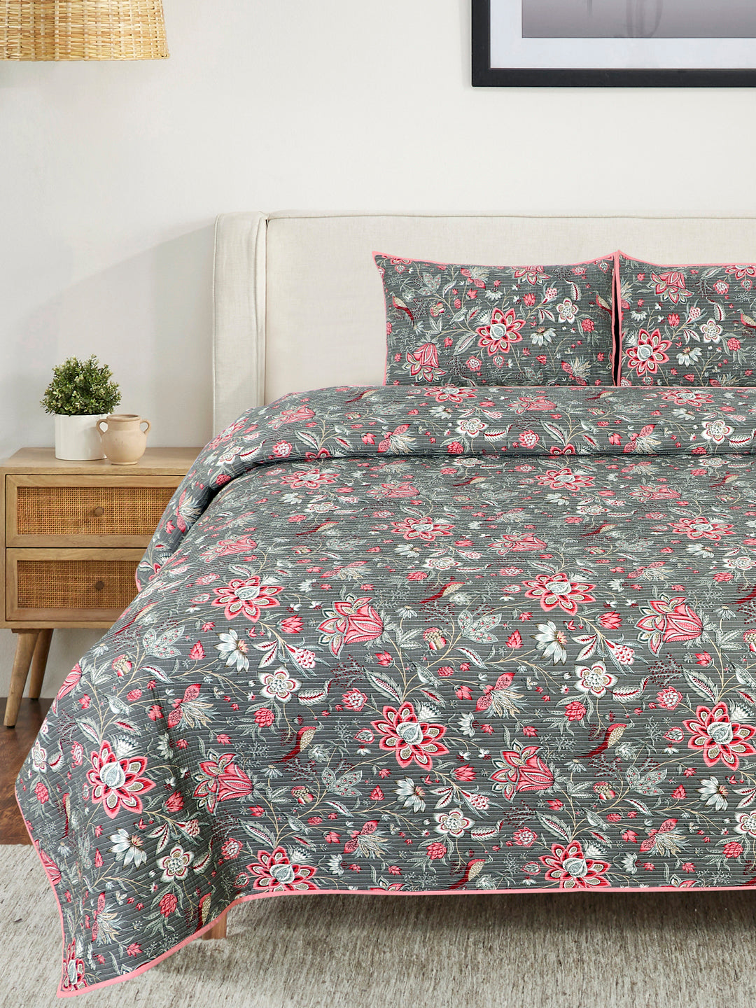 Premium Red Color Floral Printed Reversible Quilted Double King Bed Cover Set - 3Pcs