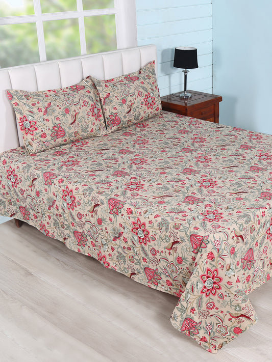 Soumya Beige Cotton Double Bedsheet Euro Ethnic Print