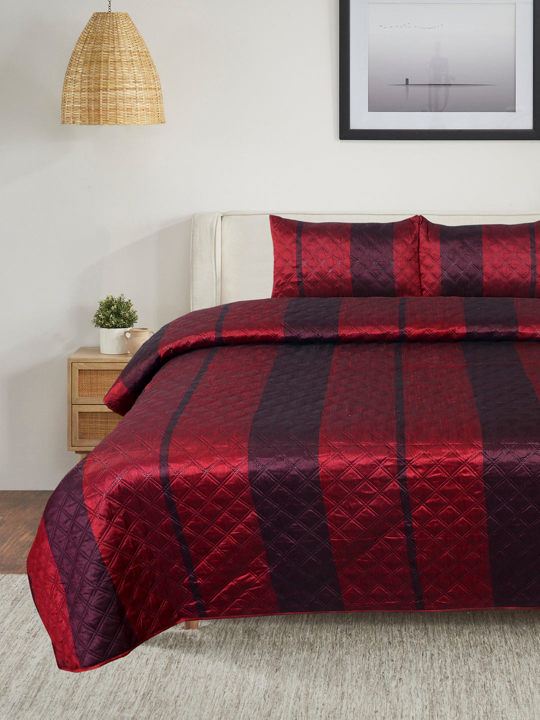 Premium Maroon Color Printed Reversible Quilted Double King Bed Cover Set - 3Pcs