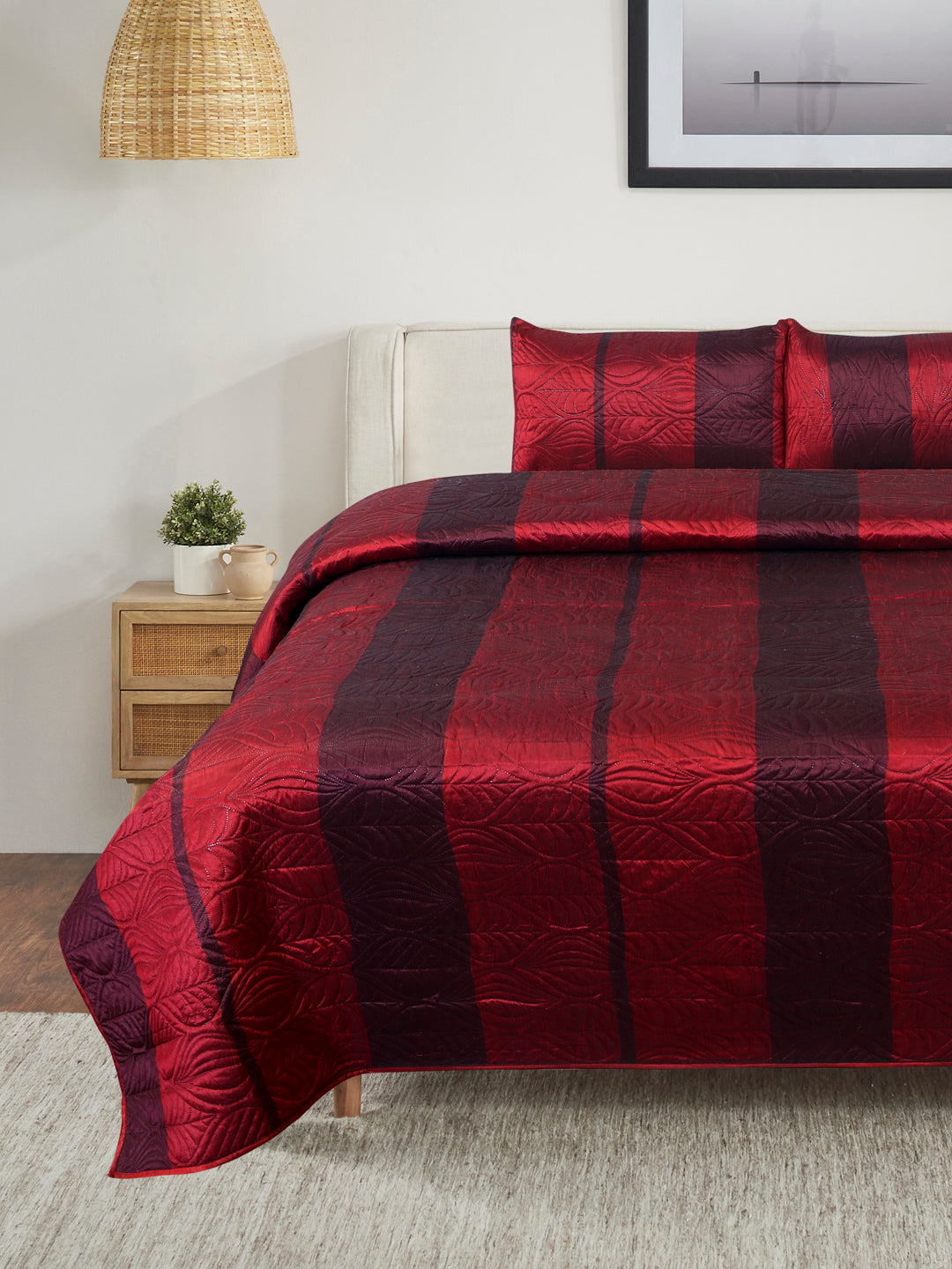 Premium Red Color Printed Reversible Quilted Double King Bed Cover Set - 3Pcs
