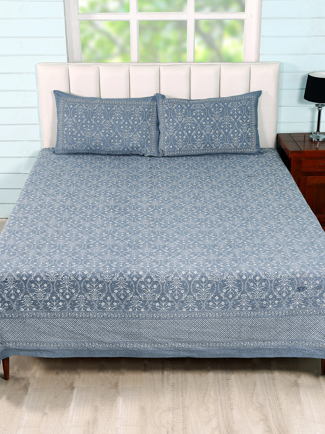 Soumya  Blue Cotton Double Bedsheet Euro Ethnic Print