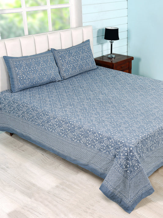 Soumya  Blue Cotton Double Bedsheet Euro Ethnic Print