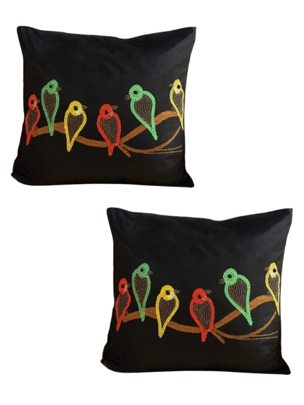 Set of 2 Perched Birds Printed, Beaded Velvet Cushion Cover