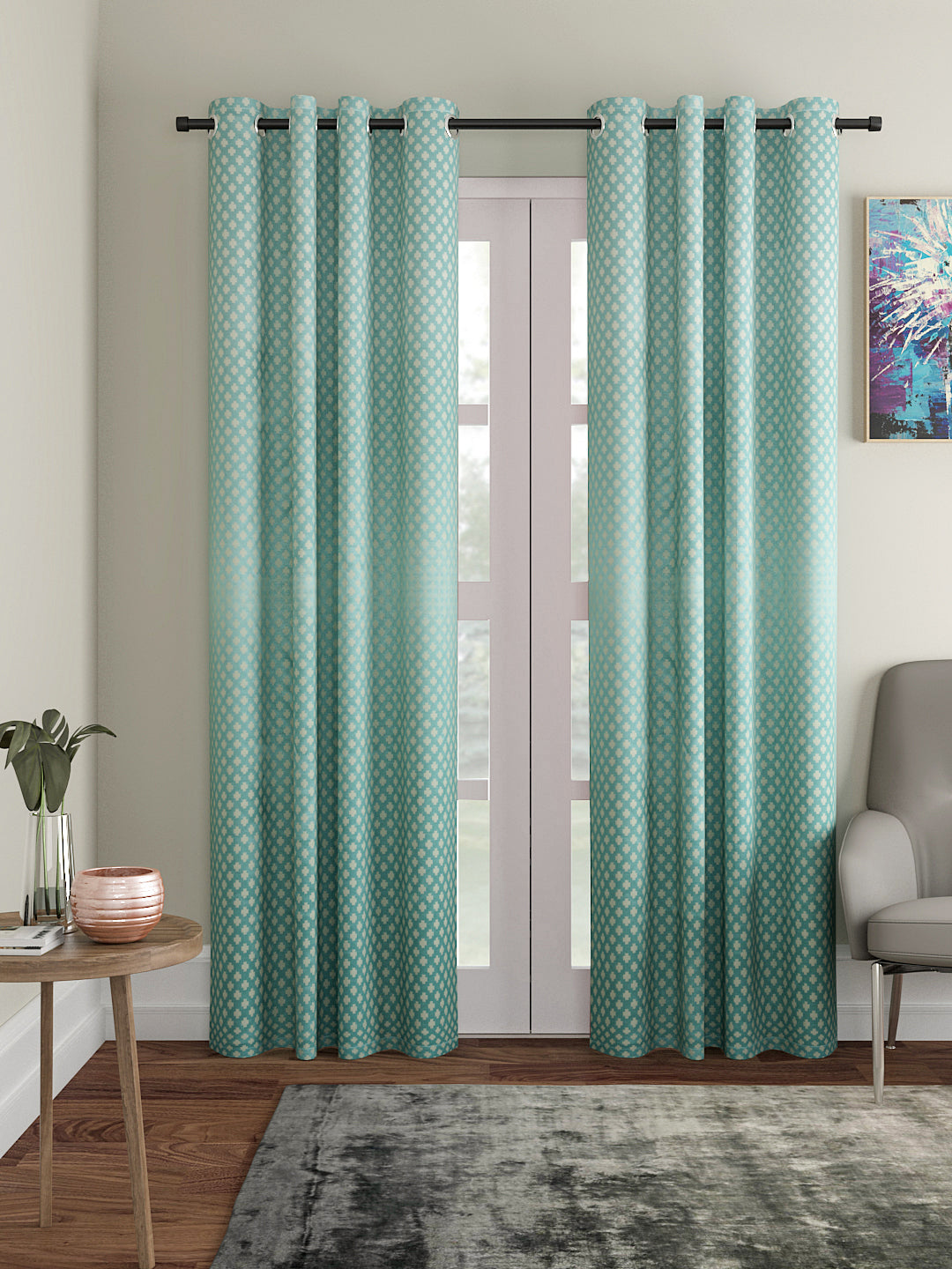 Soumya Dupion Silk Premium Turquoise Eyelet Curtain, Pack of 1