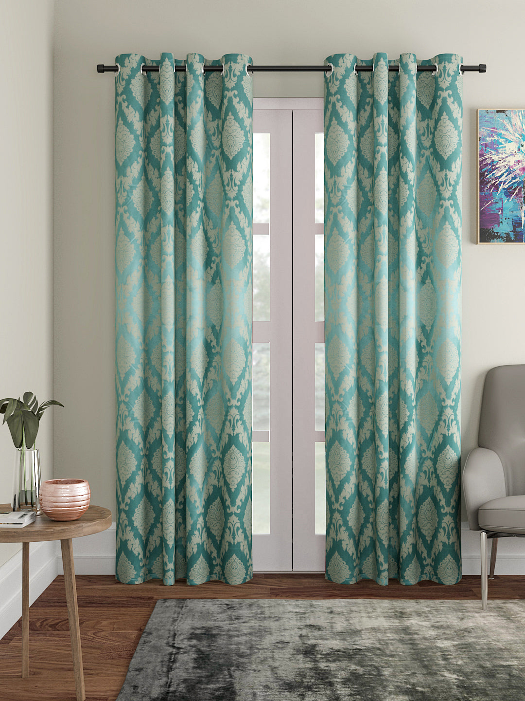 Soumya Dupion Silk Premium Turquoise Eyelet Curtain, Pack of 1