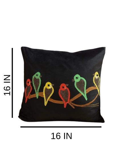 Set of 2 Perched Birds Printed, Beaded Velvet Cushion Cover