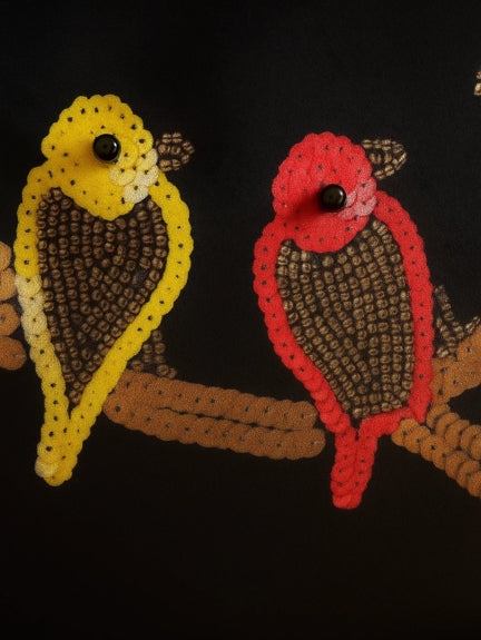 Set of 2 Perched Birds Printed, Beaded Velvet Cushion Cover
