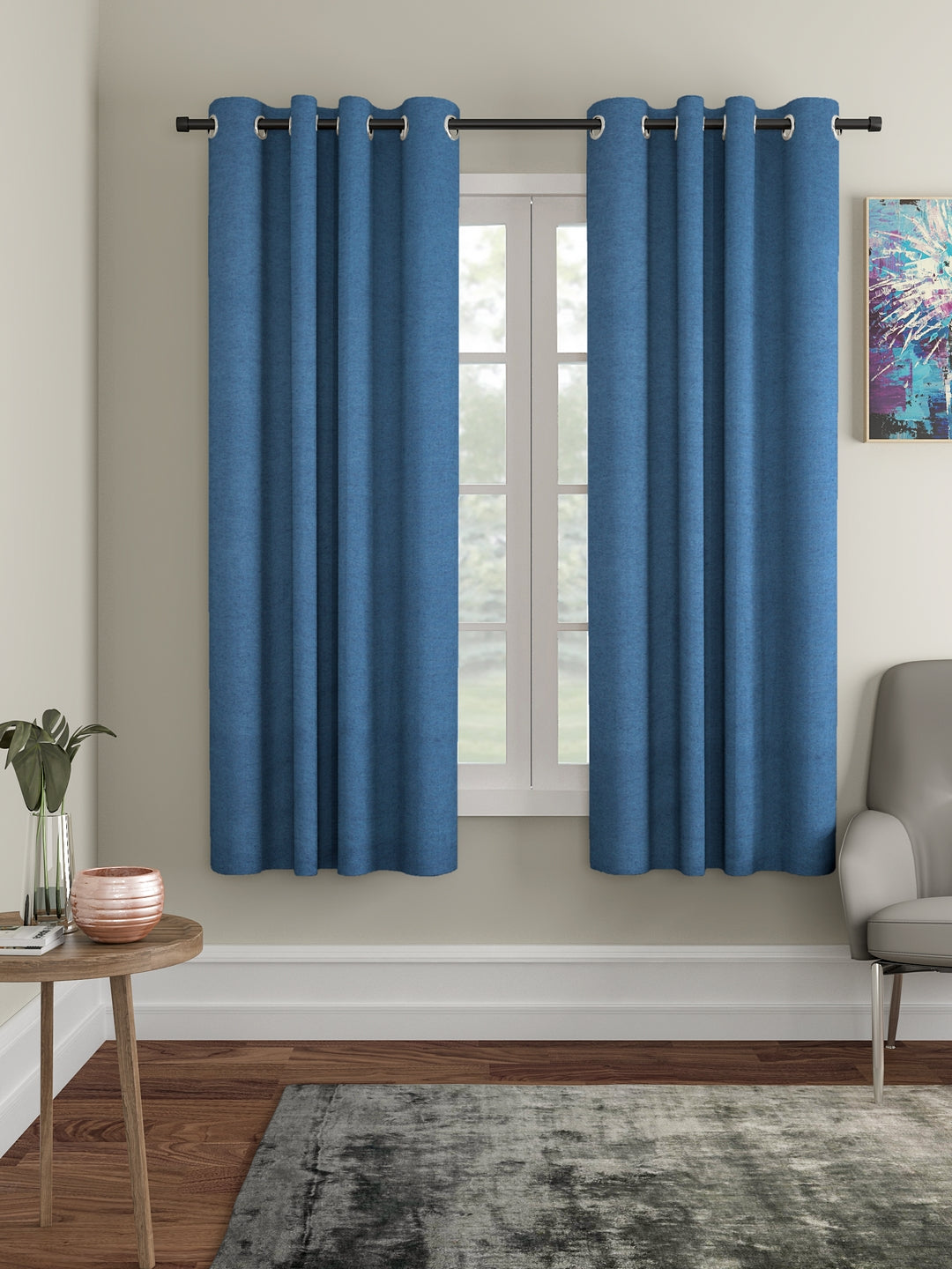 Soumya 100% Cotton Solid Blue Eyelet Curtain, Pack of 1