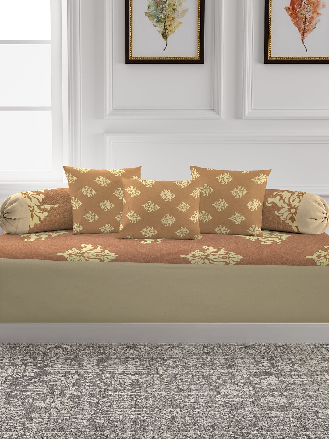 a Mix n Match Premium Cotton Paisley Design Beige Color Diwan set, 1 Diwan Sheet, 2 Bolster Cover, 3 Cushion Covers