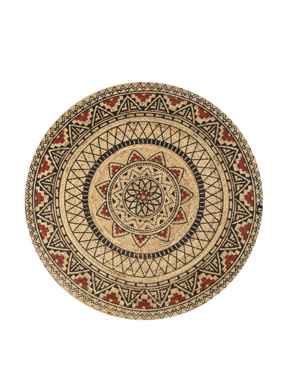 Natural Jute Braided Washable Printed Round Mat Maroon and Black Color for Door and Bed Side, 1 Pc. Mat