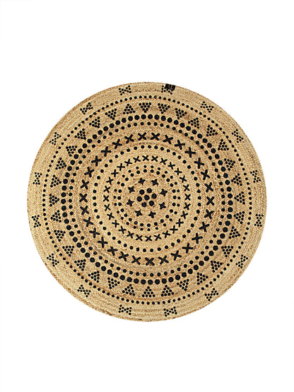 Natural Jute Braided Washable Printed Round Mat Black and Beige Color for Door and Bed Side, 1 Pc. Mat