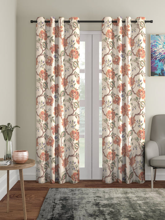 Soumya Floral Jute Digital Printed Premium Rust Eyelet Curtain, Pack of 1