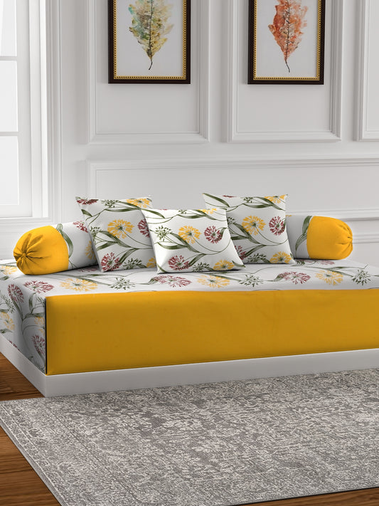 Mix n Match Cotton Floral Design Yellow Color Diwan Set, 1 Diwan Sheet, 2 Bolster Cover, 3 Cushion Covers