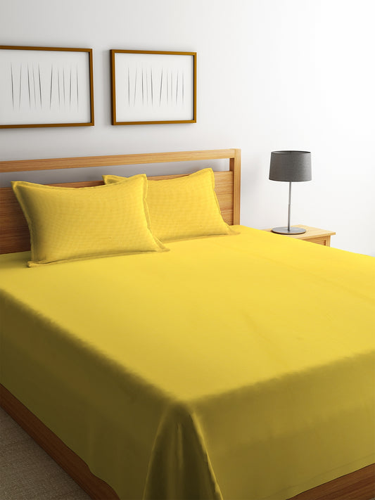 Set of 3 Yellow Color Solid Pattern Cotton Double Bedcover Set, 1 Double Bedcover, with 2 Pillow Cover