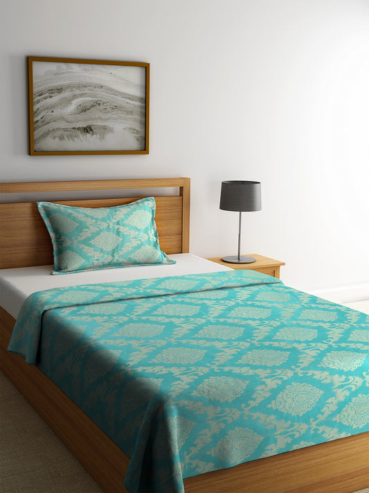 Set of 2 Satin Weaving Turquoise Color Single Bedcover Set, 1 Single Bedcover, with 1 Pillow Cover