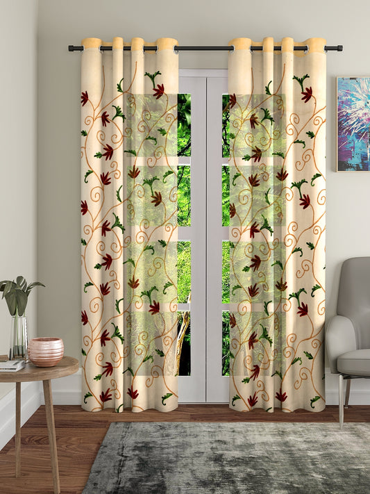 Soumya Premium Poly Tissue Crewel Hand Embroidery Beige Color Floral Sheer Curtain, Pack of 1