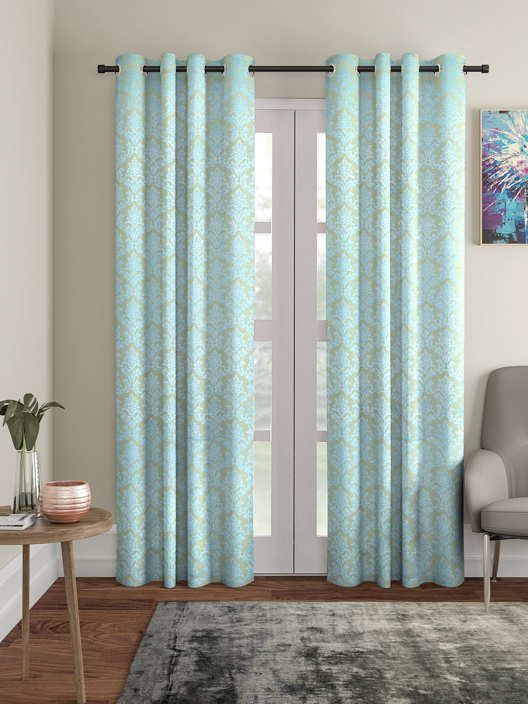 Soumya Hi end Satin Finish Premium Fabric Self Design Blue Color Curtain, 1 pc