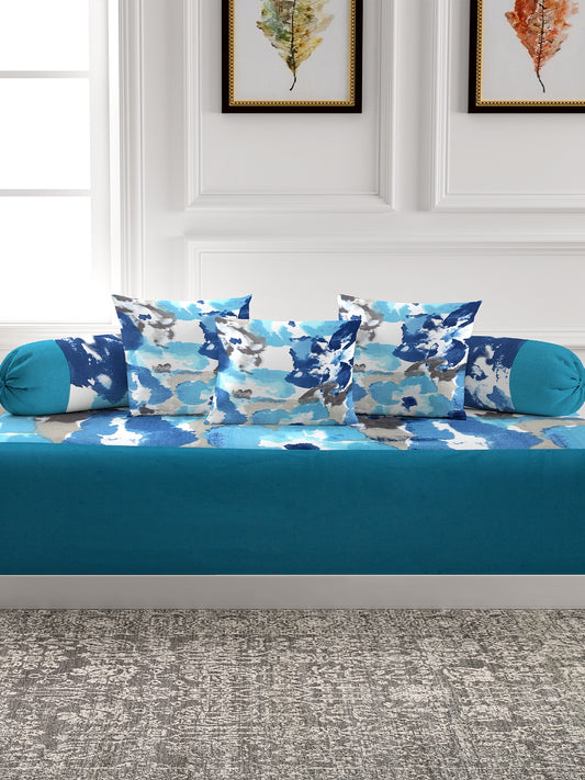 Mix n Match Premium Cotton Abstract Design Blue Color Diwan set  1 Diwan Sheet, 2 Bolster Cover, 3 Cushion Covers