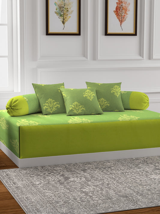 Mix n Match Cotton Abstract Design Green Color Diwan Set, 1 Diwan Sheet, 2 Bolster Cover, 3 Cushion Covers