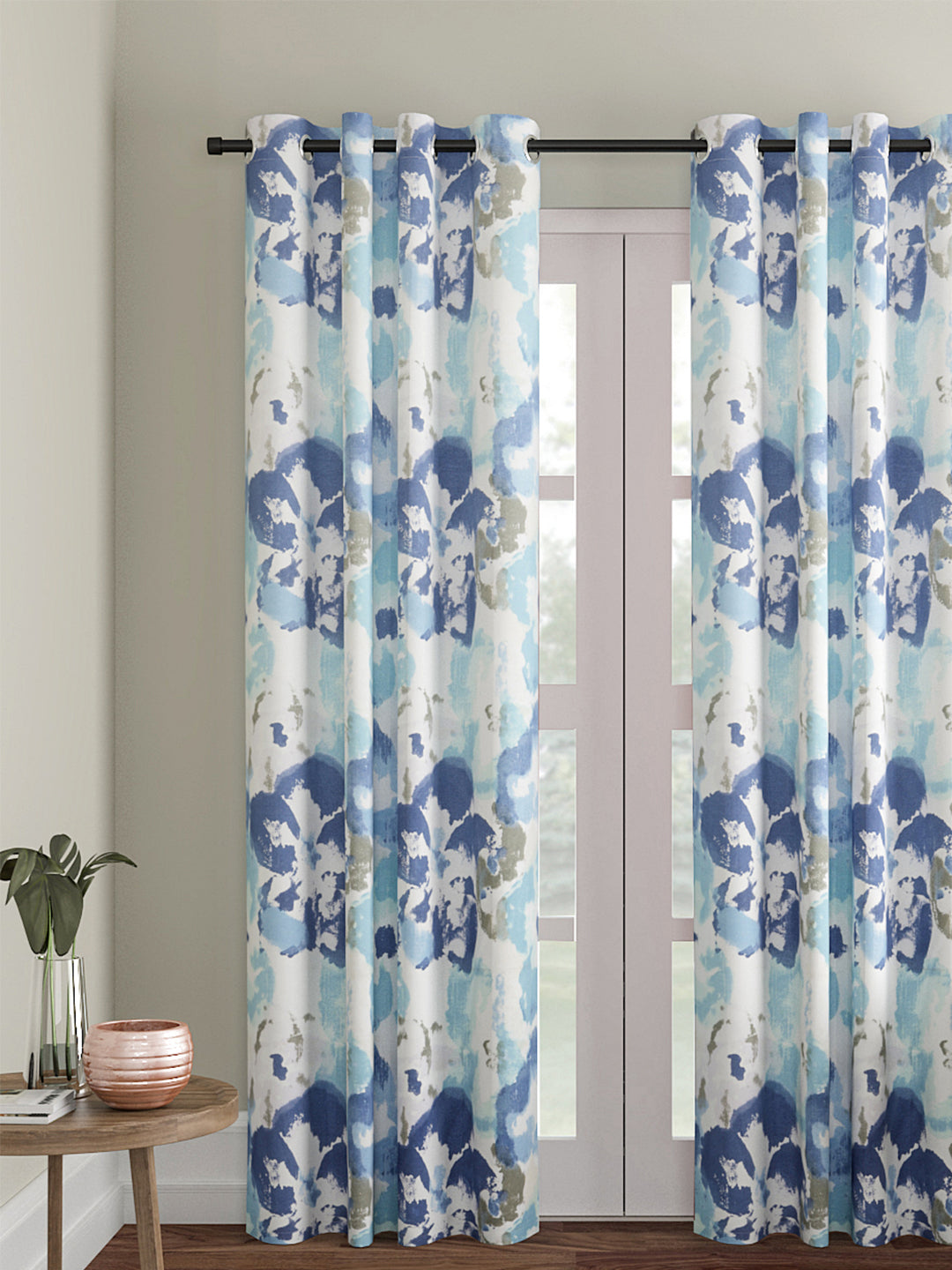 Soumya Cotton Abstract Design Blue Color Eyelet Curtain, Pack of 1