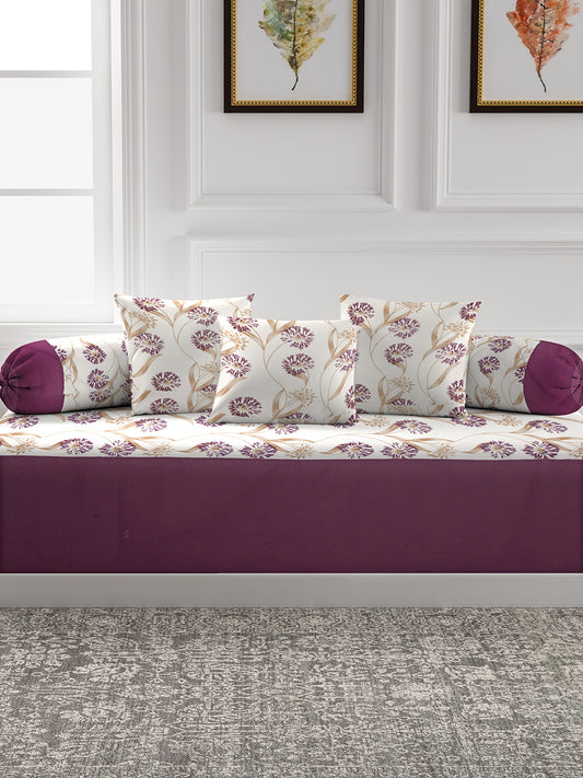 Mix n Match Premium Cotton Floral Design Wine Color Diwan set, 1 Diwan Sheet, 2 Bolster Cover, 3 Cushion Covers