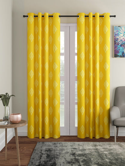 Soumya Floral Printed Solid Premium Yellow Cotton Curtain, Pack of 1