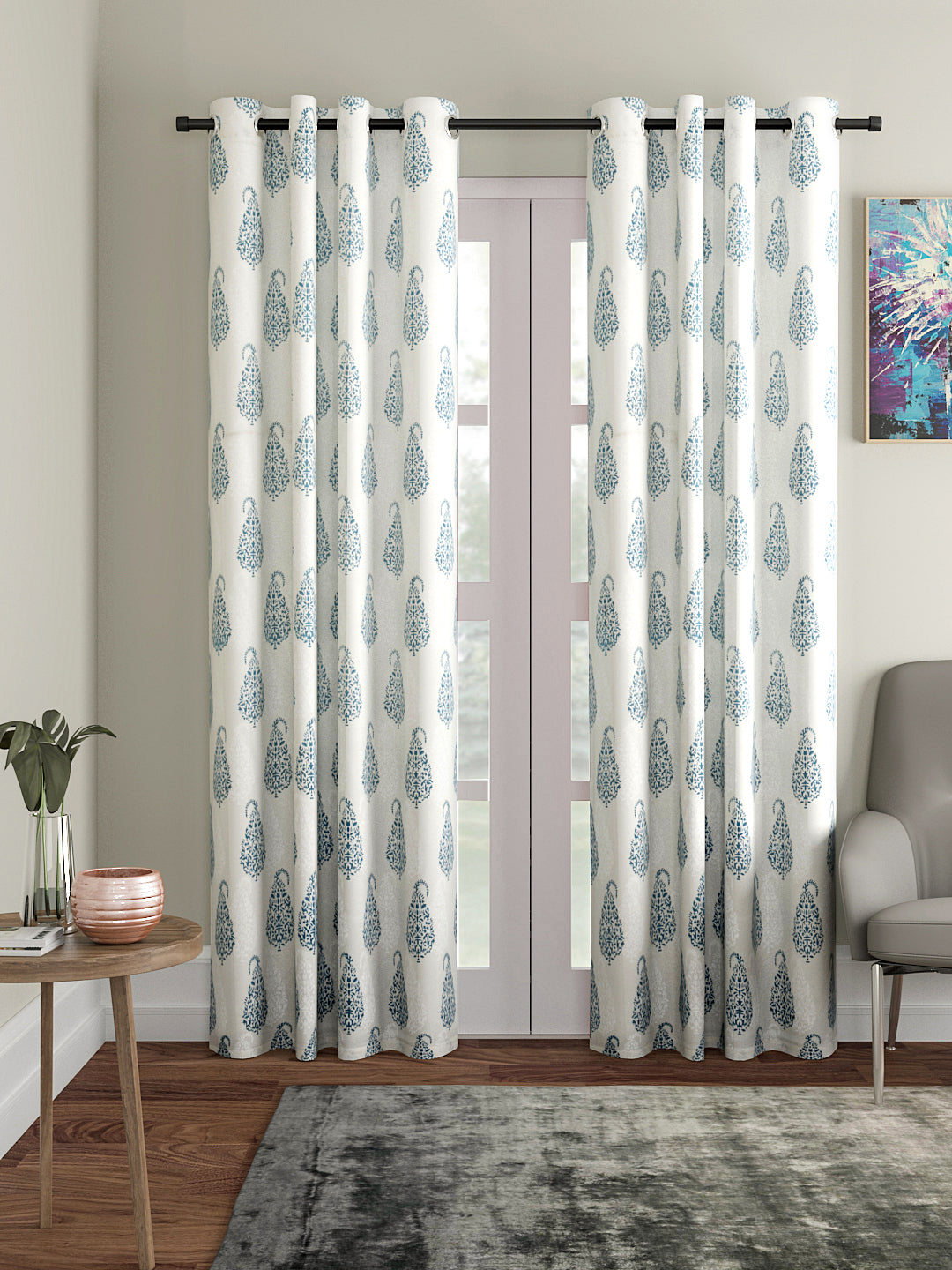 Soumya 100 % Cotton Voile Fabric Printed Blue Eyelet Curtain, Pack of 1