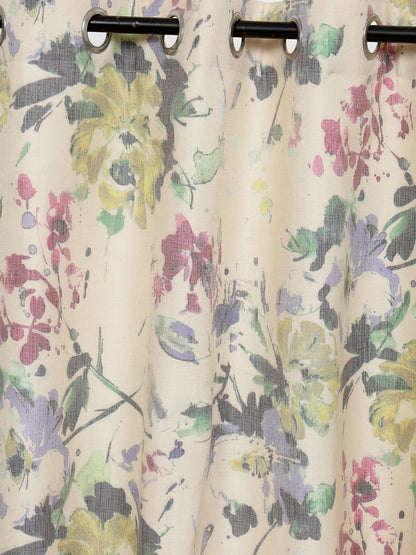 Floral Jute Digital Printed Premium Yellow Eyelet Curtain, Pack of 1