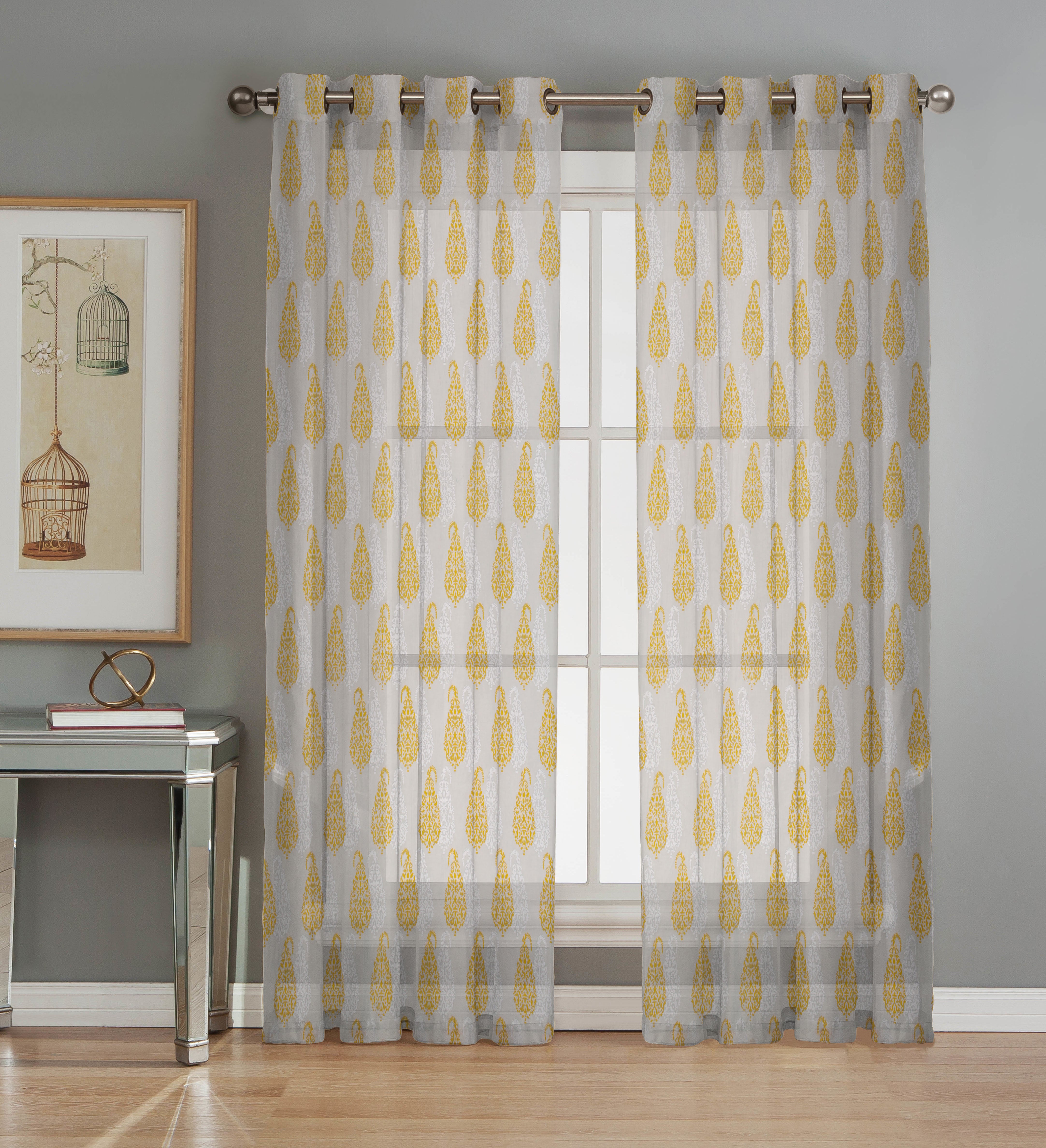 Soumya 100 % Cotton Voile Fabric Printed Yellow Eyelet Curtain, Pack of 1