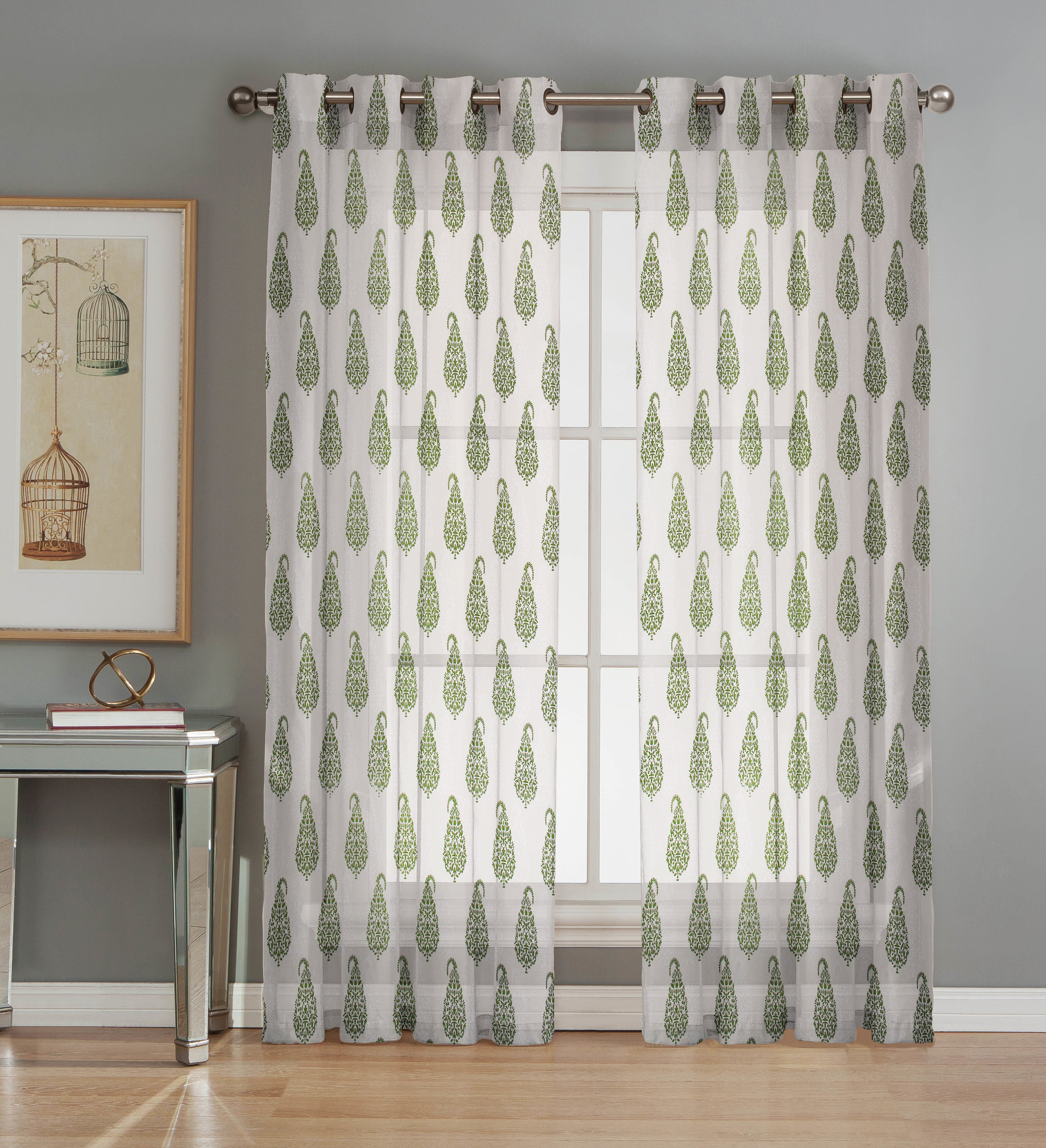 Soumya 100 % Cotton Voile Fabric Printed Green Eyelet Curtain, Pack of 1