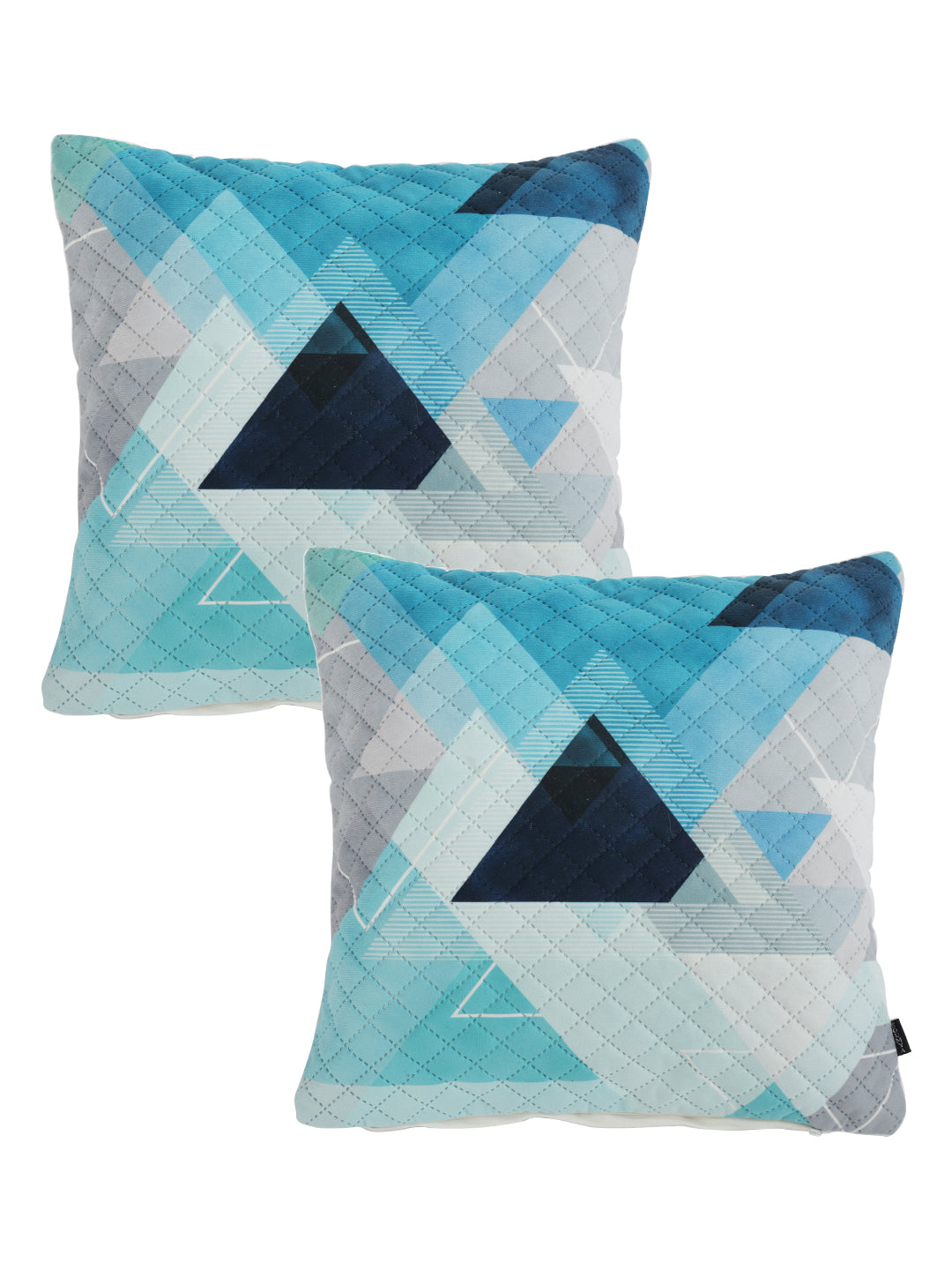 Stylish White & Turquoise Blue Color Floral Printed Quilted Square Velvet Cushion Covers - 2 Pcs