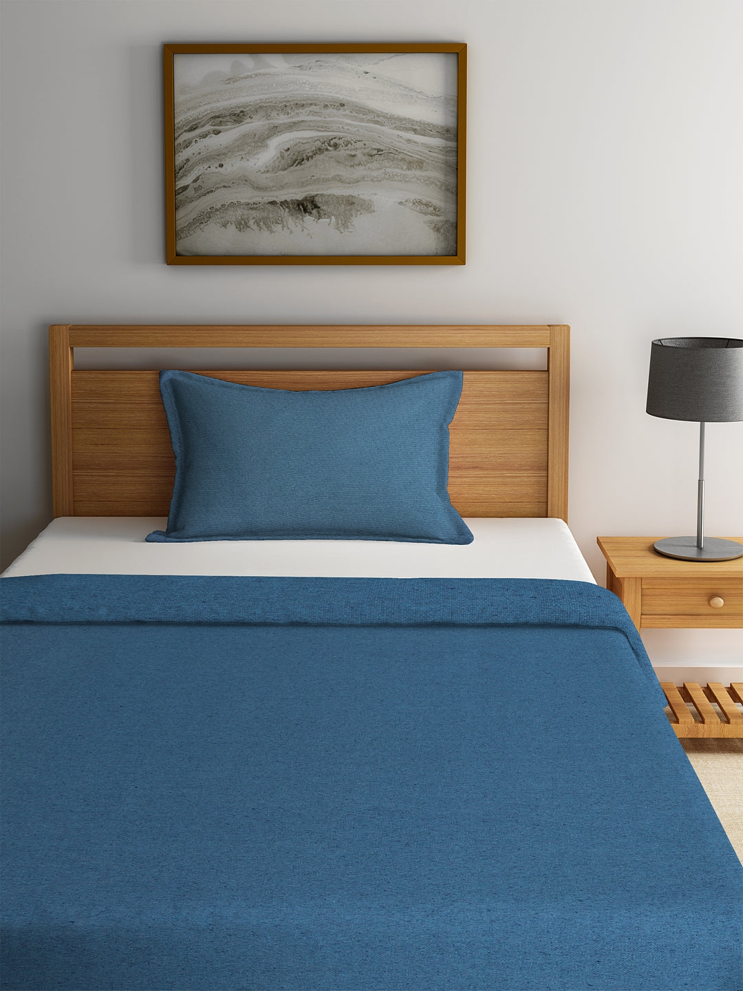 Set of 2 Solid Pattern Blue Color Cotton Single Bedcover Set, 1 Single Bedcover, with 1 Pillow Cover