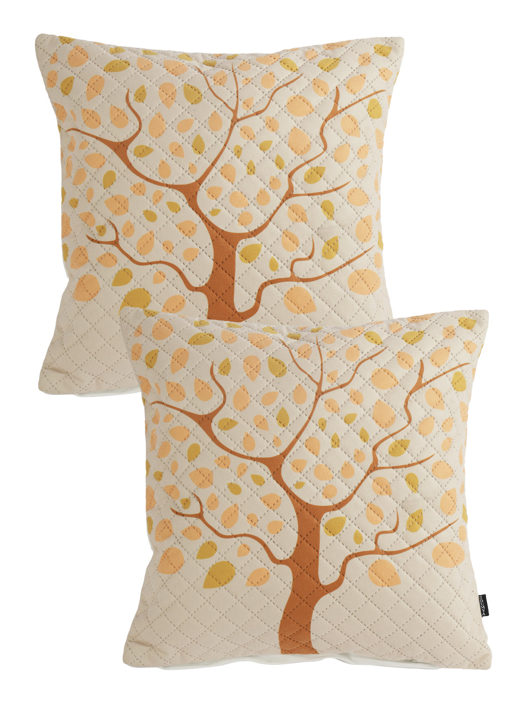 Soumya Beige & Yellow 2 Pieces Floral Printed Quilted Square Velvet Cushion Covers