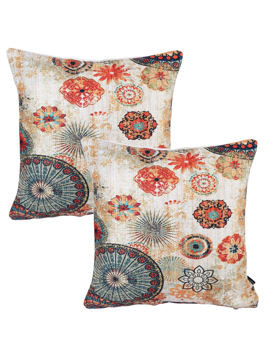 Stylish Orange & Blue Color Floral Printed Square Cushion Covers - 2pcs