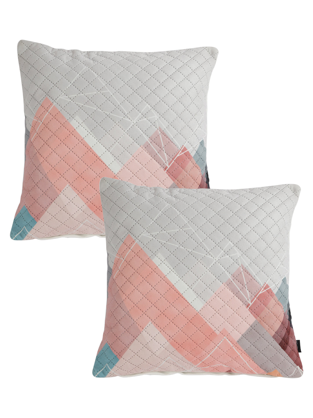 Soumya Peach-Coloured & White 2 Pieces Printed Quilted Square Velvet Cushion Covers