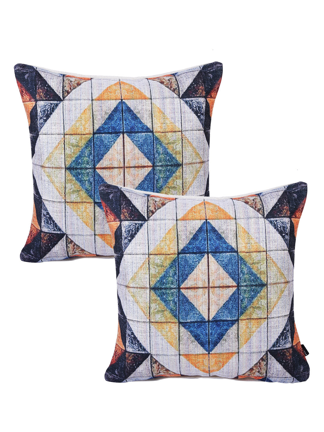 Stylish Blue & White Color Geometric Printed Square Cushion Covers - 2pcs