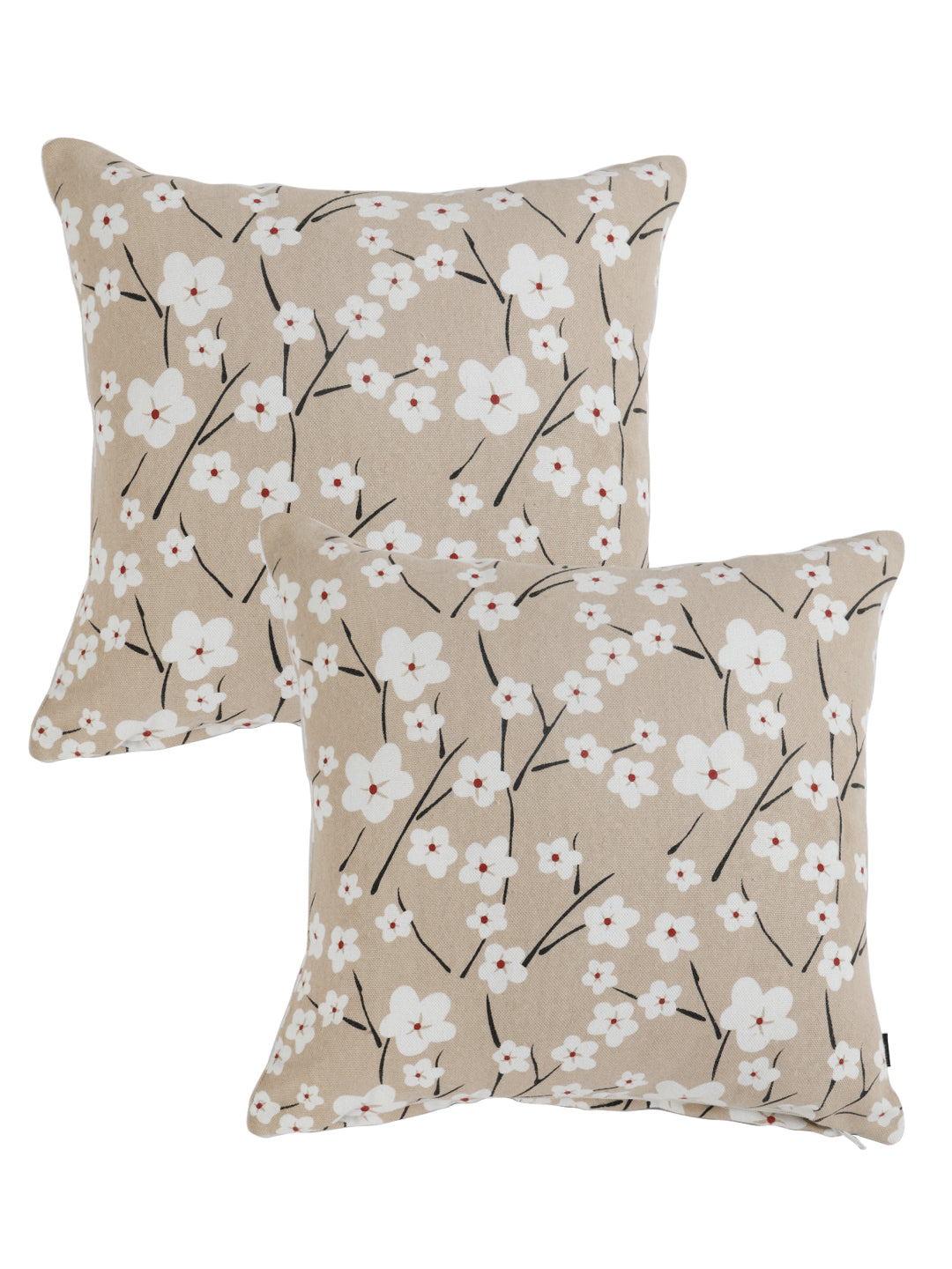 Soumya Beige & White 2 Pieces Floral Printed Quilted Square Pure Cotton Cushion Covers