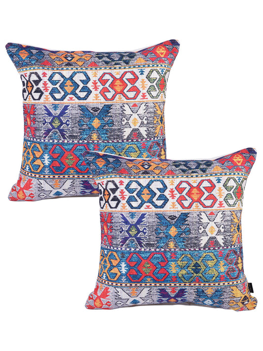 Stylish Navy Blue & White Color Ethnic Motifs Pattern Square Cushion Covers - 2pcs