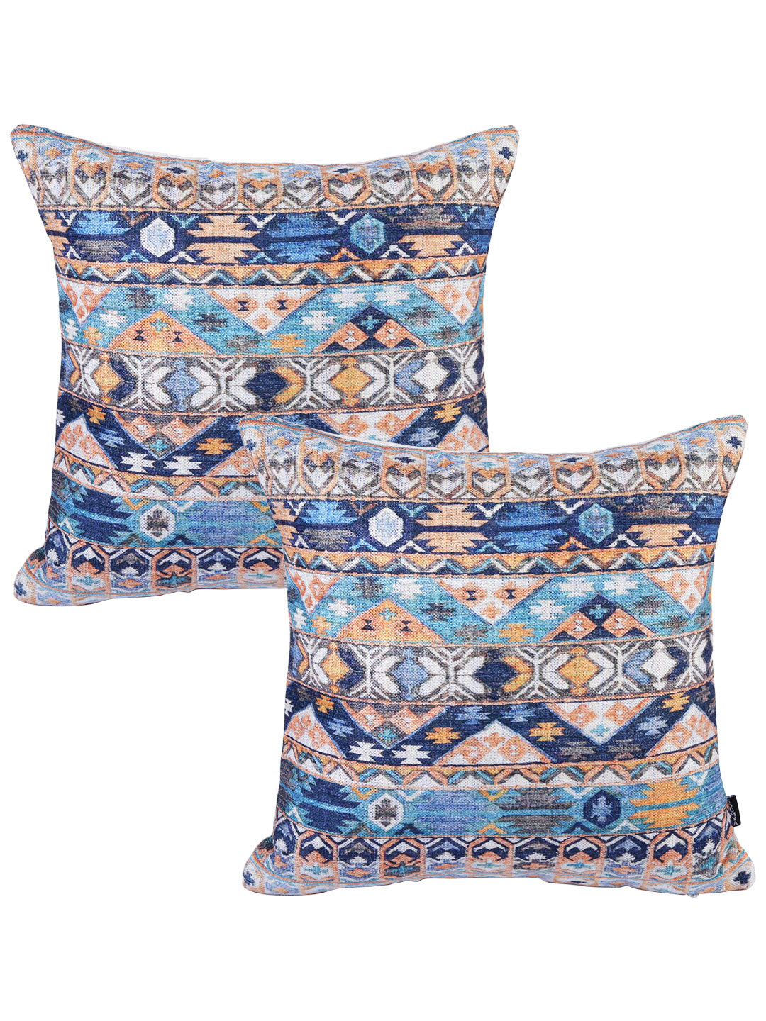 Stylish Turquoise Blue & White Color Ethnic Motifs Square Cushion Covers - 2pcs