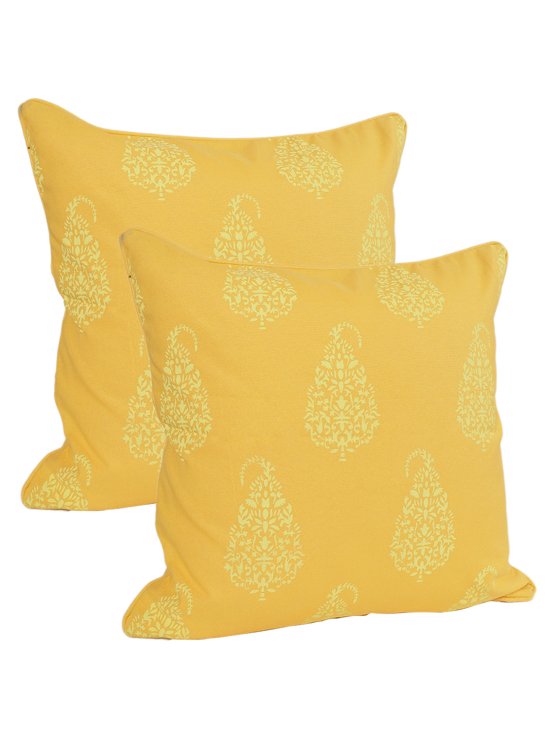 Set of 2 Premium Cotton Paisley Yellow Color Cushion Cover, 2 pc Cushion Cover