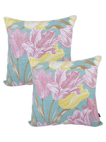 Soumya Blue & Pink 2 Pieces Floral Square Cushion Covers