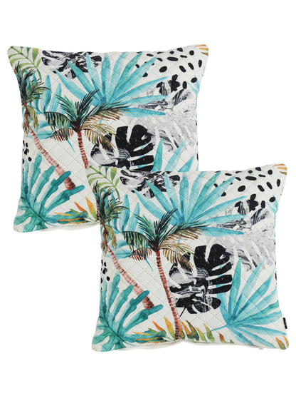 Stylish Turquoise Blue & White Color Floral Printed Square Velvet Cushion Covers - 2 Pcs