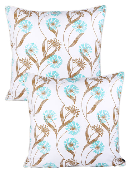 Soumya White & Blue2 Pieces Floral Printed Cotton Square Cushion Covers