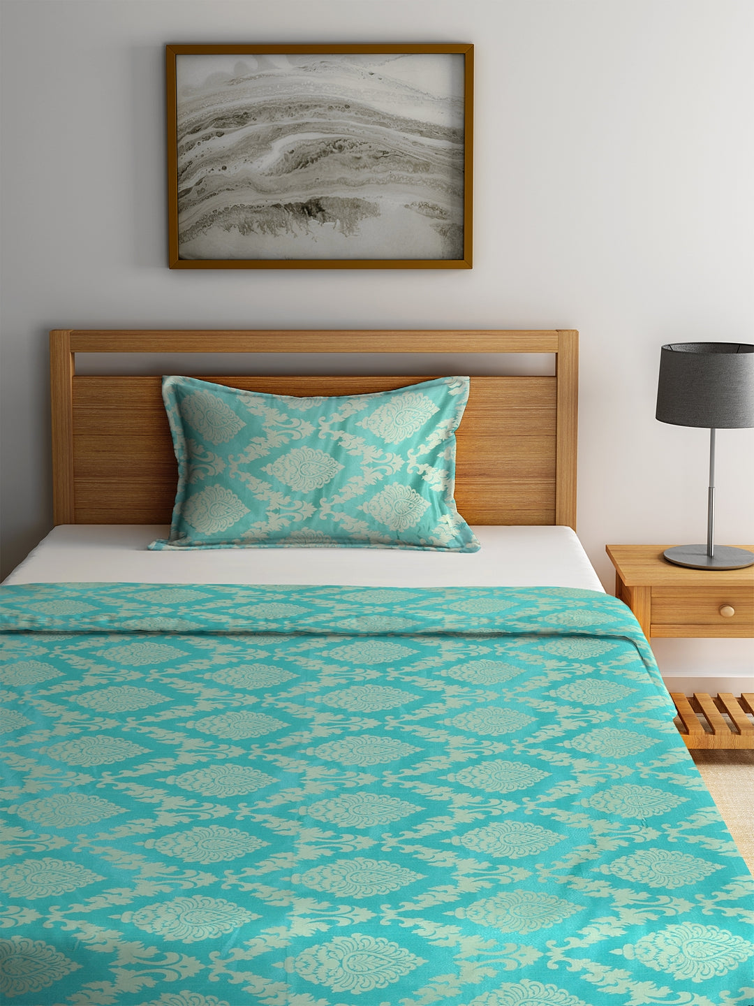 Set of 2 Satin Weaving Turquoise Color Single Bedcover Set, 1 Single Bedcover, with 1 Pillow Cover